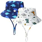 LO SHOKIM 2 Pack Dinosaur Baby Sun Hat Toddler Summer Sun Protection Beach Hat Baby Wide Brim Bucket Hat UPF 50+ Infant Adjustable Cap (Navy Dinosaur+White Dinosaur, 46-48cm)