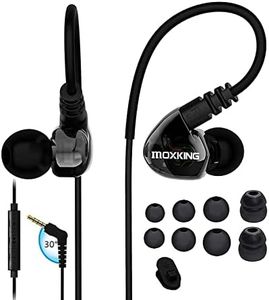 MOXKING Running Sports Earbud Headphones Wired Over Ear In Ear Headsets Noise Isolation waterproof Earbuds Enhanced Bass Stereo Earphones with Microphone and Remote for Running Jogging Gym (black)