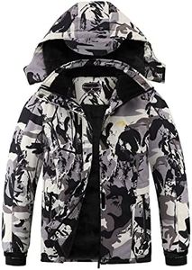 Kid's Ski Jacket Winter Waterproof Coat girls boys Fleece Snowboarding Jackets with Detachable HoodWhite camo-10-12