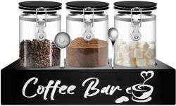 MACIFECI Glass Coffee Containers with Shelf Coffee Station Organizer 54oz Black Glass Coffee Bean Storage Canister with Spoon Coffee Canister Set Kitchen Food Storage Jars for Coffee, Sugar, Candy