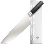 LEGEND COOKWARE Premium 8” German Steel Chef Knife - Professional Kitchen Knives - Sharp, Full Tang Stainless Steel w/Black G10 Handle - All Purpose Cooking Chef’s Knife - Gift Packaging w/Sheath