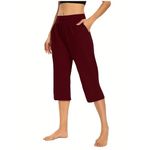 Womens Yoga Capris Loose Fit Elasticated Waist Cropped Pants Ladies Stretchy High Waist Summer Trousers Activewear with Pockets Jogging Bottoms for Sports and Leisure A01Wine