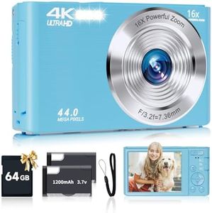 SMARTKLIK Digital Camera for Teens, FHD 4K 44MP with 64GB SD Card, 16X Digital Zoom, Compact Point Shoot Camera Blue