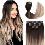 Clip in Hair Extensions Human Hair, 22 Inch 120g 6pcs Clip in Hair Extensions Balayage Dark Brown to Chestnut Brown and Dirty Blonde Human Hair Clip in Extensions Straight Human Hair C22#2/6/18