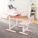 Amazon Brand -Jam & Honey Kids Functional Desk and Chair Set,Height Adjustable Children School Study Table with Book Holder Slot|Age 3+Years(Pink|Iron & Wood,H:35.5x40x32.5cm(chair) 63x43x69cm(table)