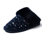 Land Vogue Scuff Slippers for Women with Ultra-long Faux Rabbit Fur Fleece Lining for Cozy Indoor Outdoor Anti Slip Sole (Navy,US 7-8)