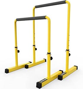 Synergee Dip Bar Yellow. Adjustable Dip Station from 30” – 39” for Dips, Inverted Pull Ups. Max Capacity 400 lbs. Portable Dip Stand for Total Body Workout.