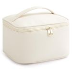 HBlife Travel Makeup Bag Portable Cute Leather Cosmetic Bag Large Make Up Bag Makeup Case Organizer Toiletry Bag for Women Girls with Handle and Removable Divider(Beige)