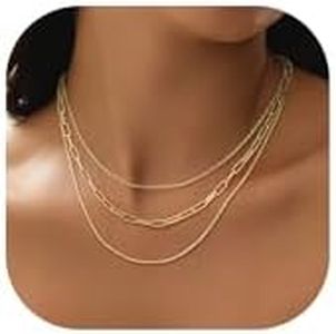 NECOCY Dainty Gold Paperclip Necklace Layered 14K Gold Plated Layering Chain Sets Box Cable Link Chain Stack Non Tarnish Jewelry Chain Womens Simple Necklaces Set