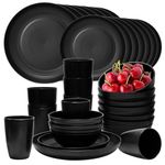 32Pcs Black Plates and Bowls Sets,Lightweight Plastic Dishes Set for 8,Unbreakable Dinnerware Sets,Reusable Plates Set,Dishwasher and Microwave Safe, Dish Sets for Outdoor Camping,RV… (Black)