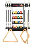EXTCCT Billiards Pool Cue Rack, Pool Stick Holder Wall Mount Holds 6 Cues and Pool Table Chalk Equipment Accessories, Oak Solid Wooden Billiard Cue Rack for Game Room Club or Men Cave（Black Color）