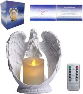 Carefree Fish Starry Sky White Angel Wing Praying Sandstone Statue Angel Figurine Prayer Home Decor Memorial LED Candle Holder 9Inch (Remote Control, with Timing Function.)