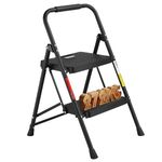 BONTEC 2 Step Ladder, Capacity 272KG with Wide Anti-Slip Pedals, Folding Steel Step Stool, Sponge Handlebar, Lightweight Portable Ladder Suitable for Home, Kitchen, Pantry, Indoor/Outdoor Use, Black