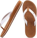 ONCAI Womens Flip Flops Arch Support Yoga Mat Summer Beach Leather Athletic Woman Thong Sandals with Orthotic Plantar Fasciitis Rubber Soles White/Khaki Size 8