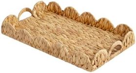 StorageWorks Large Wicker Scalloped Edge Serving Tray, Rectangle Tray with Built-in Handles, Hand-Woven Scalloped Rattan Tray, Wicker Trays for Décor, Natural Water Hyacinth