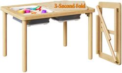 FUNLIO Foldable Wooden Sensory Table for Toddlers with 2 Bins, Kids Sensory Table with Anti-Warping Plywood Lid, Indoor/Outdoor Play Sand and Water, CPC Certified