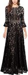 MISSMAY Women's Vintage Full Lace Contrast Bell Sleeve Formal Long Maxi Dress (Large, Black)