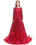 Ikerenwedding Women's Scoop Long Sleeves Sequins Feather Lace-up Prom Gown Red US2