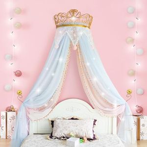 LIANGQIANJIN Bed Canopy for Girls, a Princess Bed Canopy with Lights Featuring an Elegant Metal Crown, enhances The Charm of Your Child's Bedroom, Serving as Both Mosquito Netting and a Romantic Tent