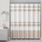 AmazerBath Neutral Shower Curtain, 72x72 Washable Cloth Light Tan Shower Curtain with 12 Shower Curtain Hooks, Fabric Khaki and White Striped Shower Curtain Set, Farmhouse Bathroom Shower Curtain