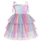 FYMNSI Flower Girl Dress Kids Summer Spaghetti Strap Tie Shoulder Smocked A-line Tiered Tutu Tulle Princess Dress Birthday Party Wedding Guest Special Occasion Formal Pageant Dresses Colorful 5-6Y