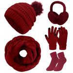 Voqeen 5 Pack Womens Beanie Scarf Gloves Set Winter Knitted Scarf Beanie Pompom Hat Earmuffs Fleece Socks(Wine)