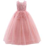 Weileenice Pageant Flower Big Girl Lace Dress Pink Girls Wedding Bridesmaid Birthday Party Princess Prom Dance Ball Gown 7-8 Kids Photo Shoot Formal Sequin Tulle Dresses Peach Long Gala Ceremony Gown