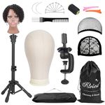 Klvied Wig Mannequin Stand with Head for Desktop, Dual-use 22 Inch Canvas Wig Head Display, Adjustable Clamp Wig Holder, Manikin Head Stand Set for Cosmetology Hairdressing Training with Carrying