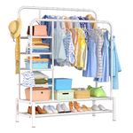 ZHZIRO Metal Clothes Rail Double Pole Clothes Rack Multifunctional Garment Rack with Storage Shelves Suitable for Home Bedroom for Coats, Bags, Shoes, Boots (White)