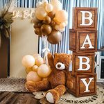 Baby Shower Boxes Decorations for Boys Girls, 4Pcs Wood Grain Baby Balloon Boxes Blocks with BABY Letters for Teddy Bear Babyshower, Gender Reveal, 1st Birthday, Jungle Safari Theme Party Decoration