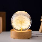 MARZIUS Flower Crystal Ball Night Light,6 cm Glass Ball Night Lamp with Woodern Base,Decorations Gifts for Men,Women,Kids,Boys,Girls,Teens (Dandelion)