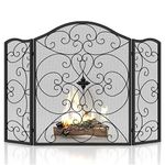 SCENDOR Fireplace Screen 3 Panel Wrought Iron 50"(L) x 36"(H) Modern Stylish Foldable Safety Fire Place Fence Spark Guard Cover Black