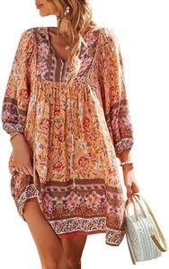 ZPLxi Women's Summer Midi Dress V Neck Cotton Vintage Floral Print Loose Beach Boho Casual Long Sleeves Flowy Dress Orange