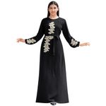 Abaya Dress for Women Floral Embroidery Muslim Robe Eid Ramadan Prayer Islamic Clothes Dubai Attire Turkish Jalabiya, Black, X-Large