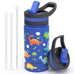 BUZIO Insulated Water Bottle for Kids, Modern Vacuum Insulated Hydro Bottle with 2 Straw Lids, 14oz Double Walled Wide Mouth Sports Drink Flask with Blue Dinosaur Park Patterns, Simple Thermo Canteen Mug