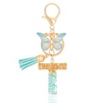 MWOOT Cute Initial Letter T Keyrings Green Key Ring,Capital Alphabet Gold Foil Resin Keychain Charm with Butterfly Tassel Pendant,Fashion Key Chain for Women Adult Gift Purse Bag Handbag Decor(T)