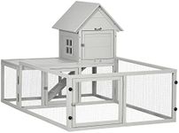 PawHut Rabbit Hutch Outdoor, Rabbit Hutch with Run, Wooden Rabbit Cage for Rabbit, Guinea Pig and Small Animals with Tray, 151.5 x 106 x 97cm, Light Grey