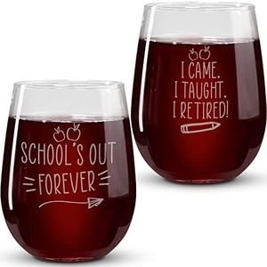 Retirement Gifts for Women 2022 - 2PC Retired Teachers Stemless Wine Glass 17Oz- Funny Teacher Gifts - Gifts for Daycare Provider - Teacher Appreciation Gifts - Retired Gifts for Professors
