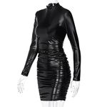 COSY-L Faux Leather Wetlook Babydoll Sexy Fashion Mini Dress with Long Sleeves, Club Clothing for Women, Black, Middle