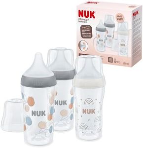 NUK Perfect Match Baby Bottles Set | 3+ Months | Adapts to Baby's Palate | Temperature Control | Anti Colic Vent | 260 ml | BPA-Free | Medium Silicone Teat | Rainbow & Twig | 3 Count