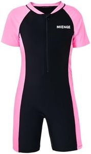 MIENOE Girls One Piece Swimsuit Kid Swimsuit Girls Water Sport Short Swimsuit UPF 50+ Sun Protection Bathing Suits, Black, 10-12 Years