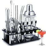 Cocktail Shaker Set with Stand, Ohuhu 17-Piece Bartender Kit, Stainless Steel Bar Tool Set, Premium Soda-Lime Glass Drink Shaker, Acrylic Shelf with All Bar Accessories for Home, Bars, Parties