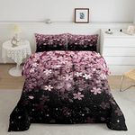 Homewish Cherry Blossom Comforter Set Pink Flower Petal Floral Bedding Set 3pcs for Girls Japanese Style Duvet Insert Soft Polyester Down Comforter with 2 Pillowcases, Full Size