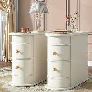 Tribesigns Wood End Table Set of 2, Narrow Solid Side Table 2-Drawer Slim Chair Side Table, No Assembly Required, Finished Back, Off-White