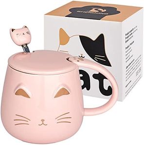 Pink Cat Mug Cute Ceramic Coffee Cup with Kawaii Lid and Lovely Stainless Steel Spoon Novelty Morning Cup Coffee Milk Tea Mugs - 3D Animal Cat Mugs for Cat Lovers Women Gifts(Pink)