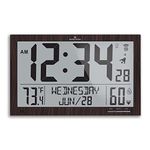 Marathon Slim Atomic Wall Clock. Jumbo Full Calendar Display. Indoor Temperature & Humidity (New Full Display) Color-Wood Tone. SKU-CL030062-FD-WD