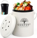 Perfnique Kitchen Compost Bin, 1.3 Gallon Countertop Compost Bin with Lid, Indoor Compost Bucket Includes Inner Bucket Liner and Carbon Filter, Small Compost Bin with Trash Bags (with Bags, Cream)
