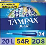 Tampax Pearl Tampons Multipack, Light/Regular/Super Absorbency, with Leakguard Braid, Unscented, 94 Count