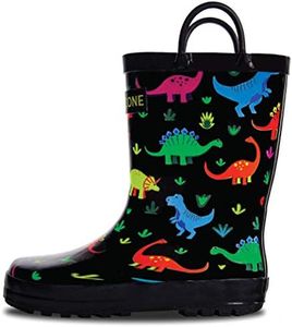 Lone Cone Rain Boots with Easy-On Handles in Fun Patterns for Toddlers and Kids, Fossil Friends, 2 Little Kid