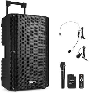 Vonyx VSA700-BP 15" Portable PA Active Speaker System, Big Bluetooth Speaker with Battery, Wireless Handheld and Headset Bodypack Microphones, Powered PA Speaker, Rechargeable Battery - 1000W